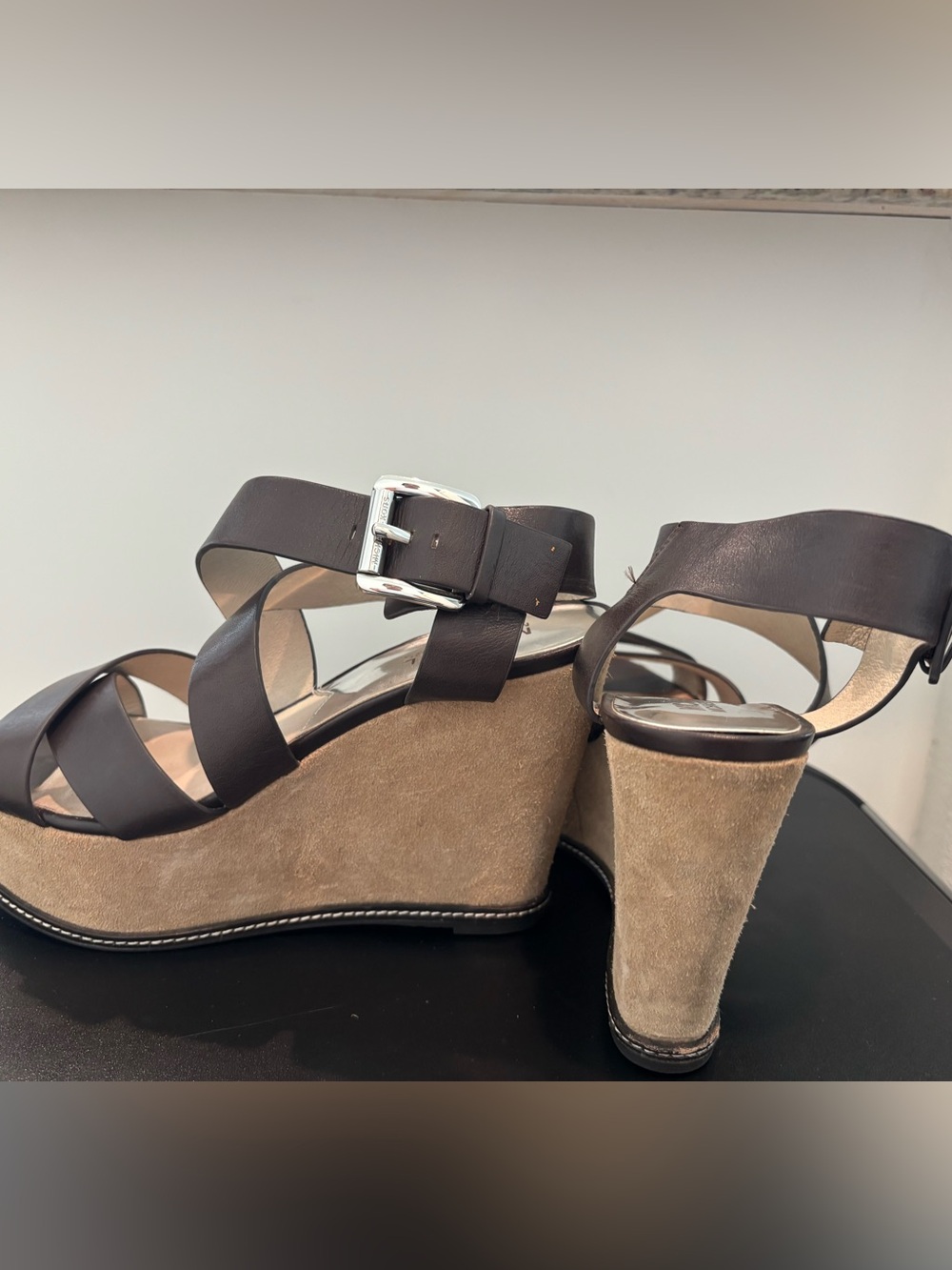 Michael Kors - Women's Brown Leather Strappy Wedge Sandals with Suede Platform